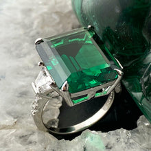 Load image into Gallery viewer, Sterling Silver Look alike Emerald Simulant with Diamond Coated Crystalline Ring