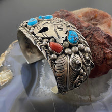 Load image into Gallery viewer, Native American Sterling Silver Turquoise & Coral Leaf Decorated Men's Bracelet