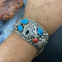 Load image into Gallery viewer, Native American Sterling Silver Turquoise & Coral Leaf Decorated Men's Bracelet