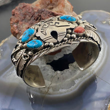 Load image into Gallery viewer, Native American Sterling Silver Turquoise & Coral Leaf Decorated Men's Bracelet