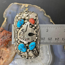 Load image into Gallery viewer, Native American Sterling Silver Turquoise & Coral Leaf Decorated Men's Bracelet