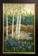 Load image into Gallery viewer, "Lupine Beaver Pond" By, Hal Rice, Framed Original Oil, 54"x36"