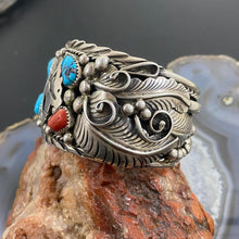 Load image into Gallery viewer, Native American Sterling Silver Turquoise & Coral Leaf Decorated Men's Bracelet