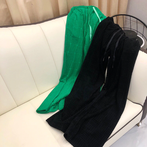 2021 Autumn Winter Knitted Plaid Wide Leg Pants Women High Quality Solid Color Elastic Waist Long Straight Cotton Trousers Lady
