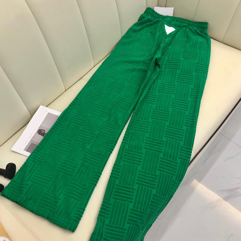 2021 Autumn Winter Knitted Plaid Wide Leg Pants Women High Quality Solid Color Elastic Waist Long Straight Cotton Trousers Lady
