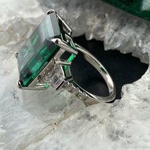 Load image into Gallery viewer, Sterling Silver Look alike Emerald Simulant with Diamond Coated Crystalline Ring
