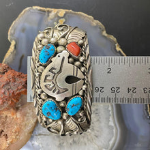 Load image into Gallery viewer, Native American Sterling Silver Turquoise &amp; Coral Leaf Decorated Men&#39;s Bracelet
