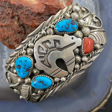 Load image into Gallery viewer, Native American Sterling Silver Turquoise &amp; Coral Leaf Decorated Men&#39;s Bracelet

