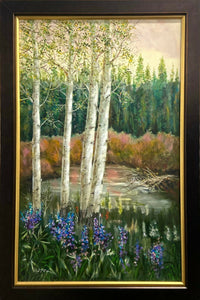 "Lupine Beaver Pond" By, Hal Rice, Framed Original Oil, 54"x36"