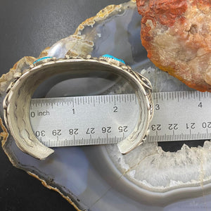 Native American Sterling Silver Turquoise & Coral Leaf Decorated Men's Bracelet