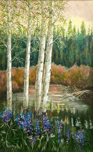 "Lupine Beaver Pond" By, Hal Rice, Framed Original Oil, 54"x36"