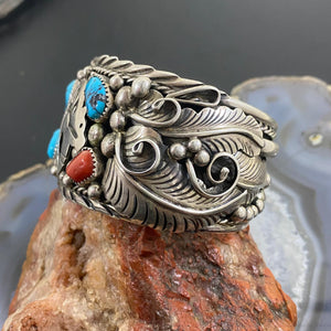 Native American Sterling Silver Turquoise & Coral Leaf Decorated Men's Bracelet